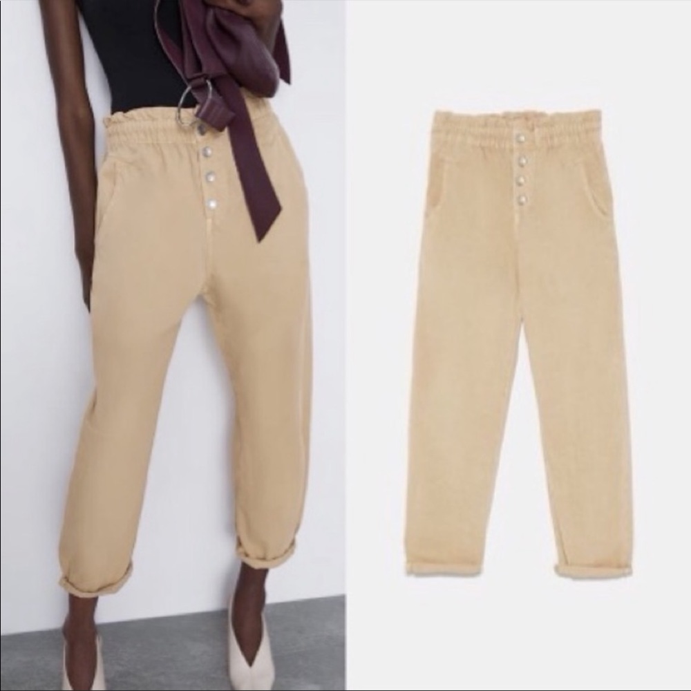Zara Baggy Buttoned Tan Paperbag Trousers Pants Cotton Size 2